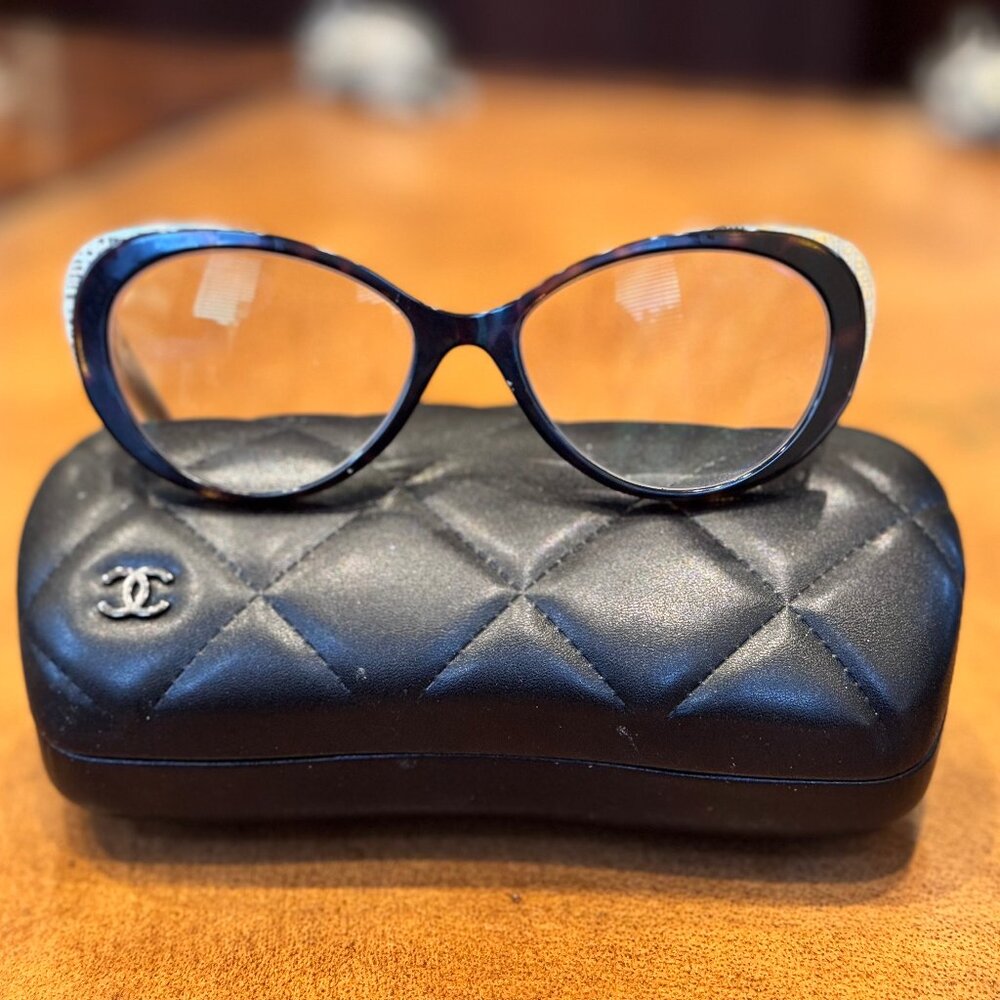 Chanel Prescription Glasses Tortoise Shell with Tweed Edging